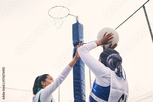 Fényképezés Sports, netball and black woman shooting ball in match for competition, exercise or practice