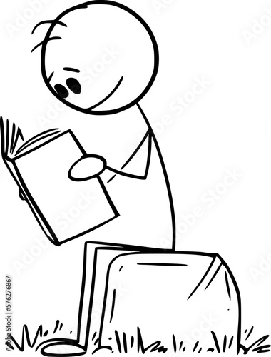 Child or Boy Reading Book , Vector Cartoon Stick Figure Illustration