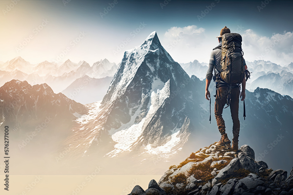 Tourist in mountain peak. Active life concept Tourist in mountain peak. Active life concept