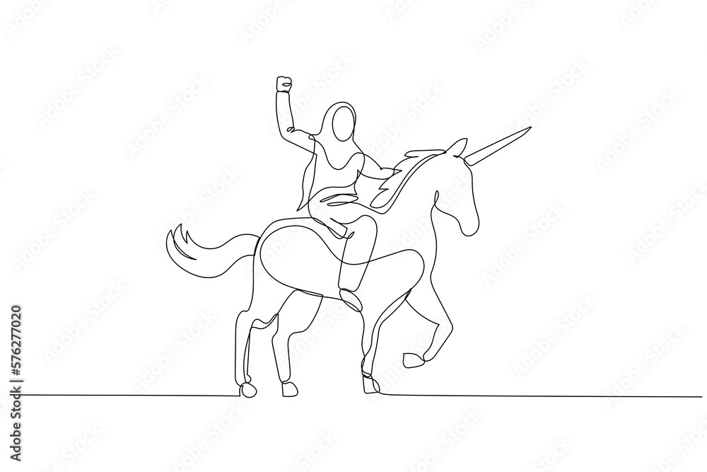 muslim woman riding a unicorn with the horse only standing on three foot