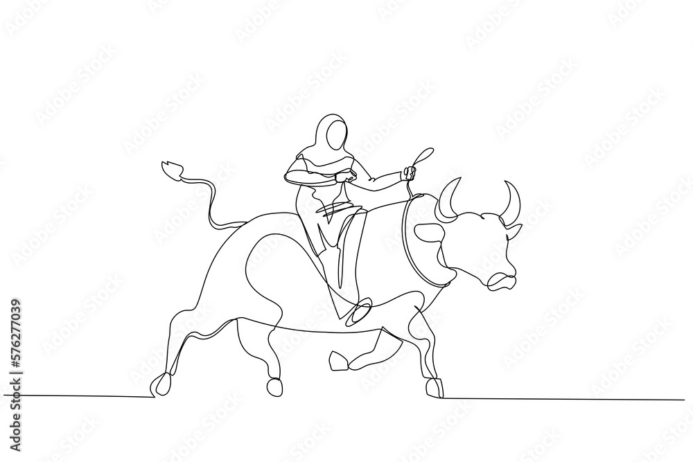 muslim woman investor riding and balance himself on rodeo bull concept of stock investor muslim woman investor riding and balance himself on rodeo bull concept of stock investor