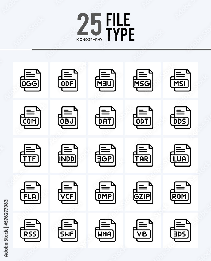25 File Type Outline icons Pack vector illustration.