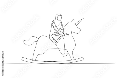 muslim woman riding unicorn horse. Concept of startup up business and creative idea