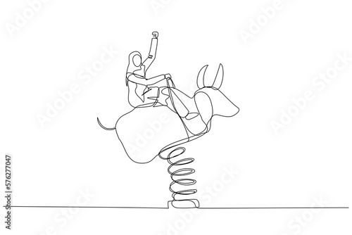 muslim woman investor riding and balance himself on rodeo bull concept of stock investor