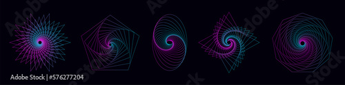 Vector set spirograph figures. Colored abstract tunnel. Wireframe twisted spirals. Sacred geometry with lines in form hexagon, pentagon, octagon.