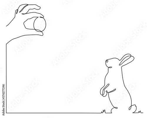 Easter bunny and hand holds paschal egg, one line art, hand drawn rabbit continuous contour.Christian holiday design, festive decoration. Editable stroke. Isolated. Vector illustration