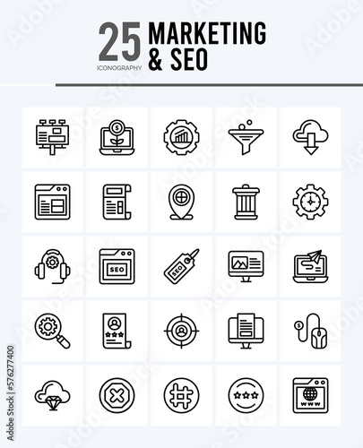 25 Marketing and Seo Outline icons Pack vector illustration.