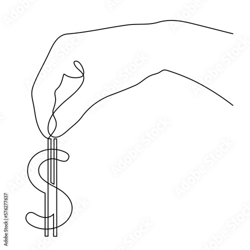 Hand holds dollar sign, one line art, continuous contour drawing, hand-drawn line icon for business, minimalist design.Financial valuta sign, currency trendy template.Editable stroke.Isolated.Vectorn photo