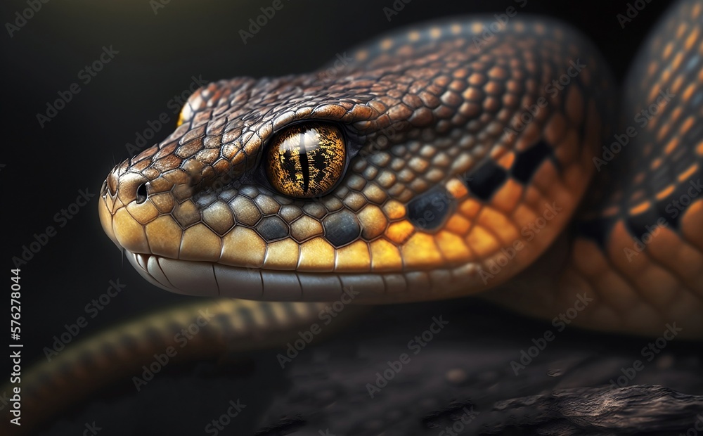 Portrait of a yellow snake. Generative AI technology. Portrait of a yellow snake. Generative AI technology.