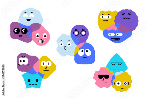 Abstract geometric characters groups. Comic faces various emotions, cartoon basic figures different shapes. Vector set