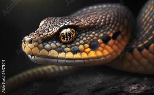 Portrait of a yellow snake. Generative AI technology.