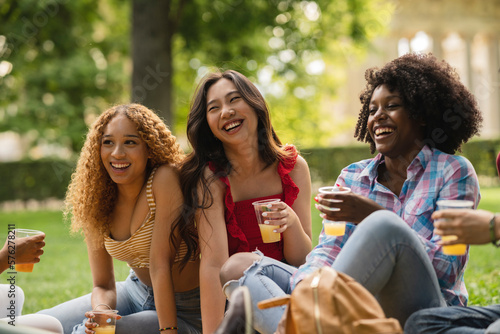 Canvas Print diverse women on picnic drink juice and have fun in park, millennial generation enjoying free time