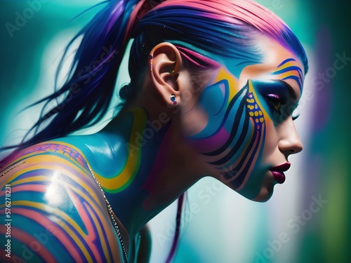 Woman with blue hair and tattoos on her chest, beautiful fantasy portrait, body painting. Generative AI photo