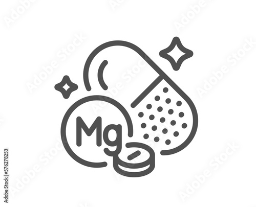 Magnesium mineral line icon. Chemical element Mg sign. Capsule or pill symbol. Quality design element. Linear style magnesium mineral icon. Editable stroke. Vector