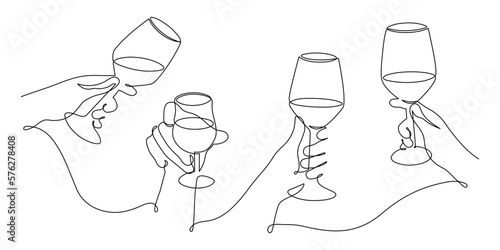 Hands hold wine clinking glasses one line art,continuous drawing contour.Cheers toast festive hand drawn decoration for holidays,romantic Valentine's Day design.Editable stroke. Isolated.Vector