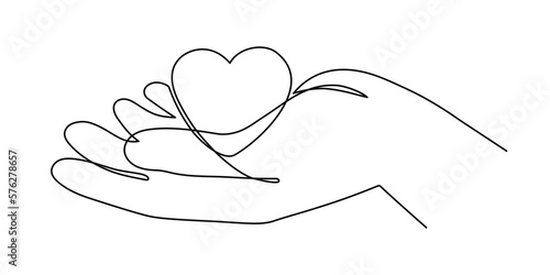 Hand with heart one line art,love concept continuous contour drawing,hand-drawn Valentine's day decoration.Romance, engagement and marriage symbol. Editable stroke.Isolated.Vector illustration