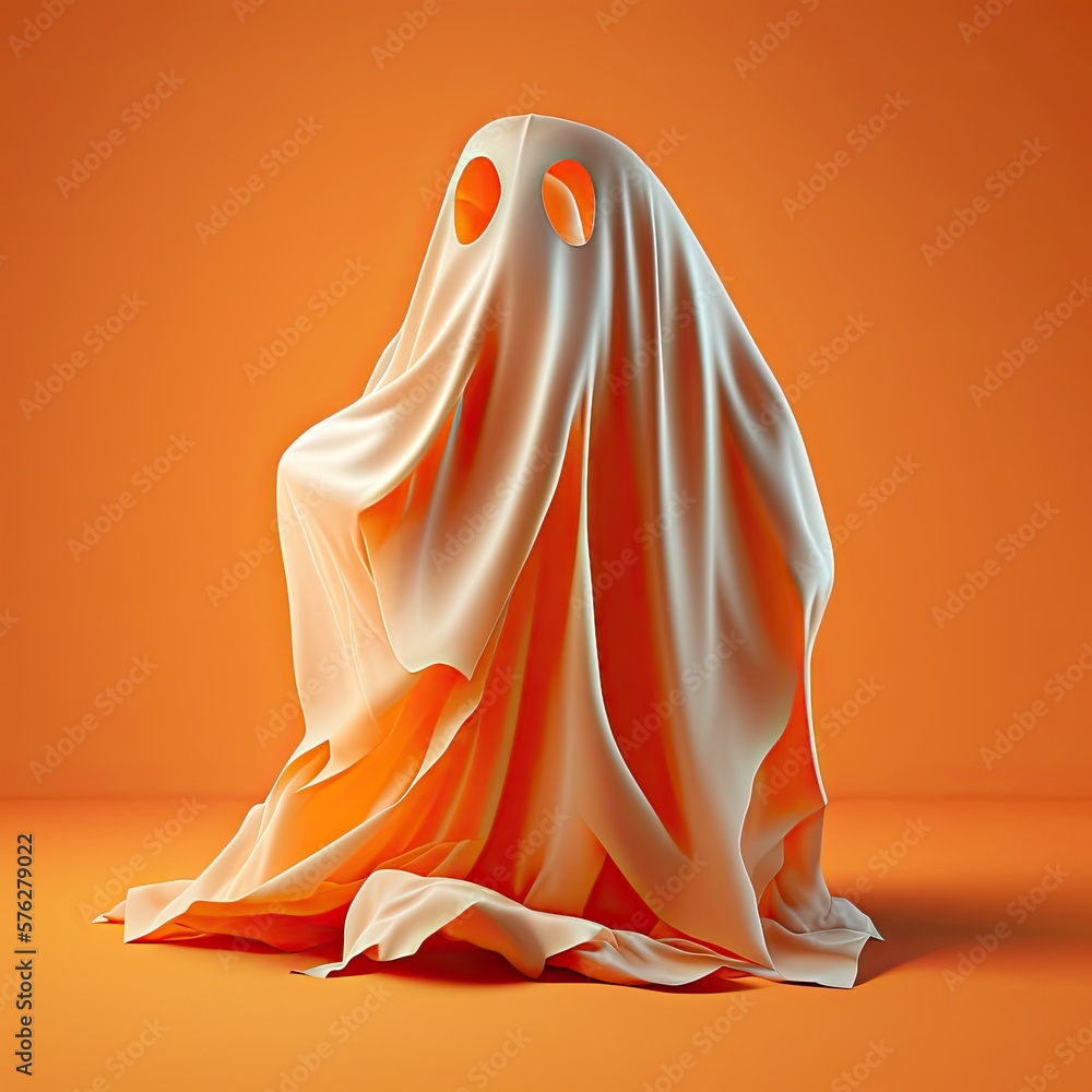 Ilustration of a ghost, phantom silhouette isolated on orange background. Halloween spooky monster flying in night. Generative AI
