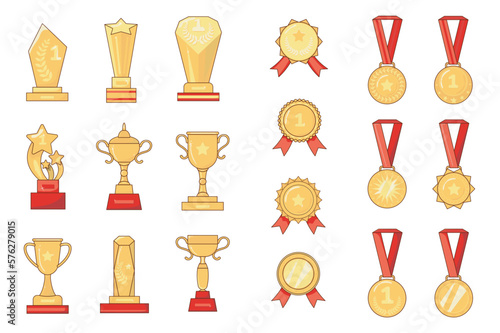 Awards set graphic elements in flat design. Bundle of gold cups, reward badges and medals with red ribbons for awarding winners and champions with first places. Vector illustration isolated objects