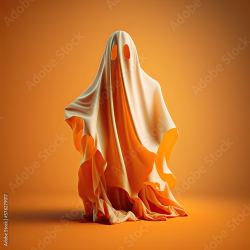 Ilustration of a ghost  phantom silhouette isolated on orange background. Halloween spooky monster flying in night. Generative AI