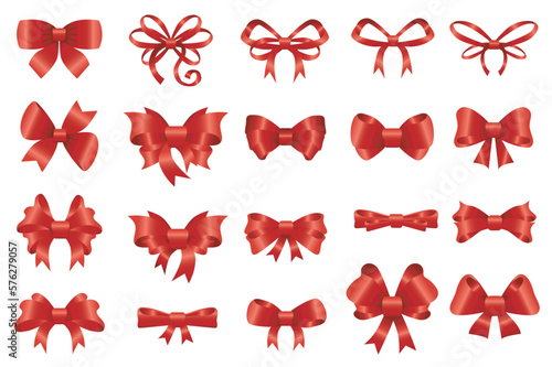 Red bows set graphic elements in flat design. Bundle of different types of decorative silk or satin bows for gifts, wrapping invitation and decorating presents. Vector illustration isolated objects
