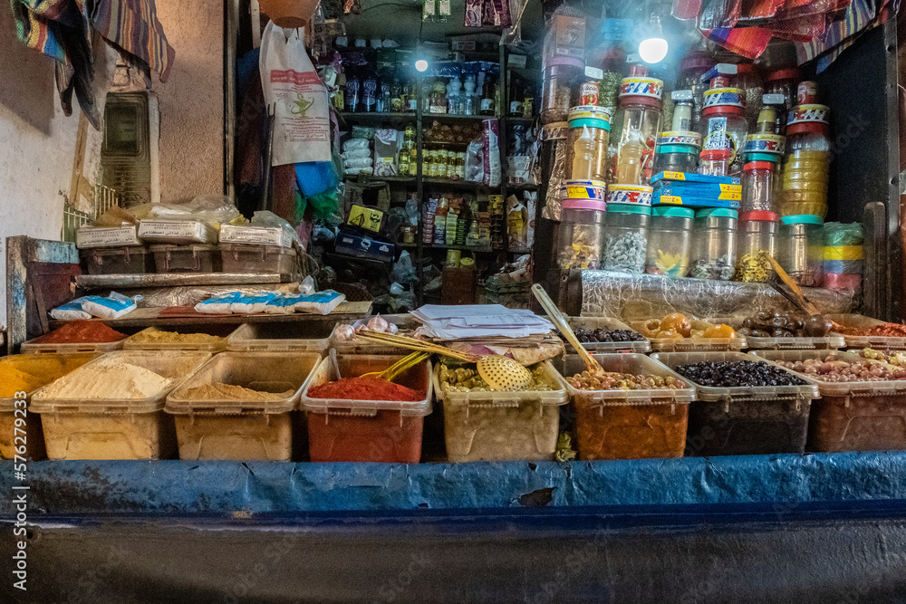 Obraz premium Typical and regional food and spices from a shop in a souk in Marrakesh 