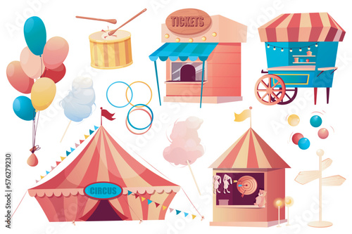 Circus set graphic elements in flat design. Bundle of stalls with tickets, food kiosk, balloons, cotton candy, pointer, shooting gallery, carnival circus marquee. Vector illustration isolated objects