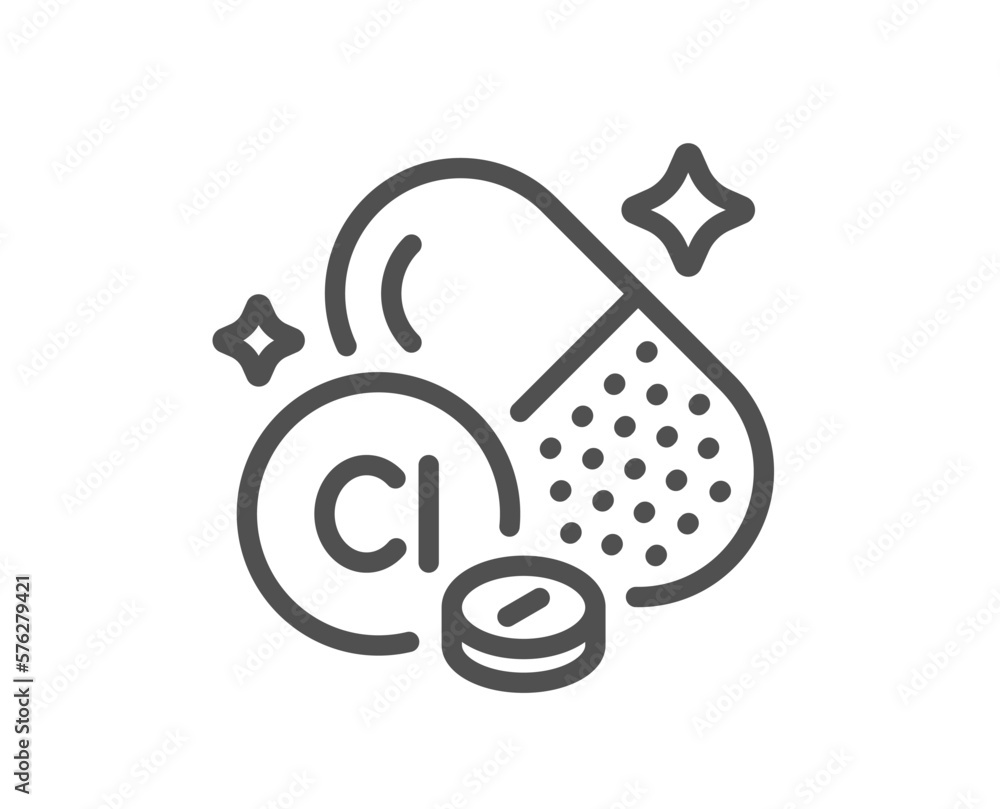 Chlorine mineral line icon. Chemical element Cl sign. Capsule or pill symbol. Quality design element. Linear style chlorine mineral icon. Editable stroke. Vector Chlorine mineral line icon. Chemical element Cl sign. Capsule or pill symbol. Quality design element. Linear style chlorine mineral icon. Editable stroke. Vector