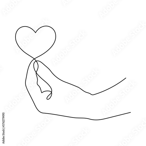 Hand with heart one line art,love concept continuous contour drawing,hand-drawn Valentine's day decoration.Romance, engagement and marriage symbol. Editable stroke.Isolated.Vector illustration