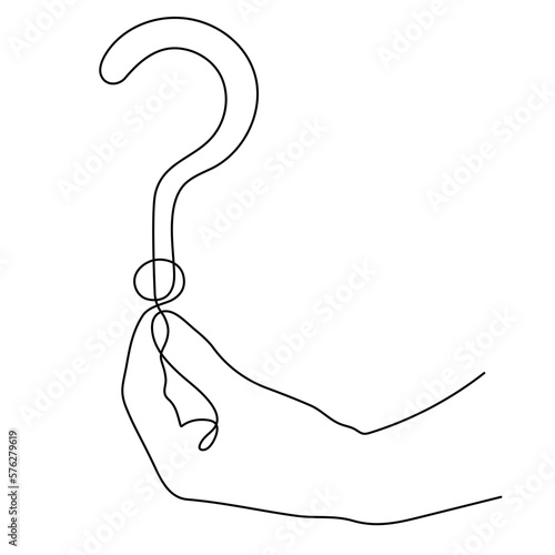 Hand holds question mark one line art, hand drawn asking sign, idea continuous contour. Query FAQ concept, finding answer. Editable stroke. Isolated. Vector illustration