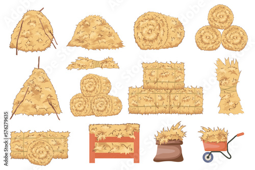 Hay bales set graphic elements in flat design. Bundle of bales of wheat straw of different shapes, roll piles, dried haystacks, store in bag, wheelbarrow or crate. Vector illustration isolated objects