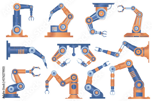 Industrial robot arms set graphic elements in flat design. Bundle of automatic robotic manipulators hands for working at conveyor line of assembly factory. Vector illustration isolated objects