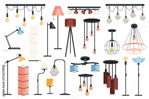 Lamps set graphic elements in flat design. Bundle of different types of table and floor lamps, chandeliers, hanging light bulbs with modern lampshades and other. Vector illustration isolated objects