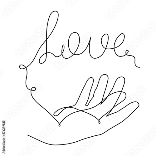 Hand with love word one line art, concept continuous contour drawing, hand-drawn. Romance, engagement and marriage symbol. Editable stroke.Isolated.Vector illustration