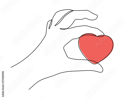 Hand with heart one line art,love concept continuous contour drawing,hand-drawn Valentine's day decoration.Romance, engagement and marriage symbol. Editable stroke.Isolated.Vector illustration