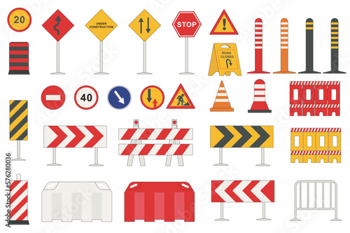 Road signs set graphic elements in flat design. Bundle of signpost and direction pointers, speed limit, detour, under construction, stop, turn, repair work, other. Vector illustration isolated objects
