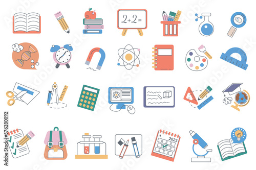 School supplies set graphic elements in flat design. Bundle of book, pencil, chalkboard, flask, magnifying glass, dna, clock, magnet, atom, notebook and other. Vector illustration isolated objects