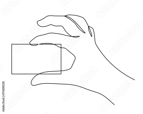 Hand holds credit card, one line art, hand drawn continuous contour.Decoration for business.Minimalist design.Editable stroke. Isolated. Vector illustration