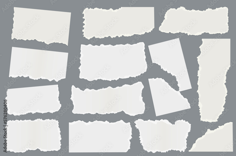 Torn paper set graphic elements in flat design. Bundle of different shapes of white ripped paper scraps with empty spaces, page pieces with torn ripped edges. Vector illustration isolated objects - obrazy, fototapety, plakaty 
