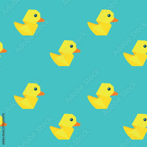 Seamless pattern with yellow rubber ducks and soap bubbles. paper origami