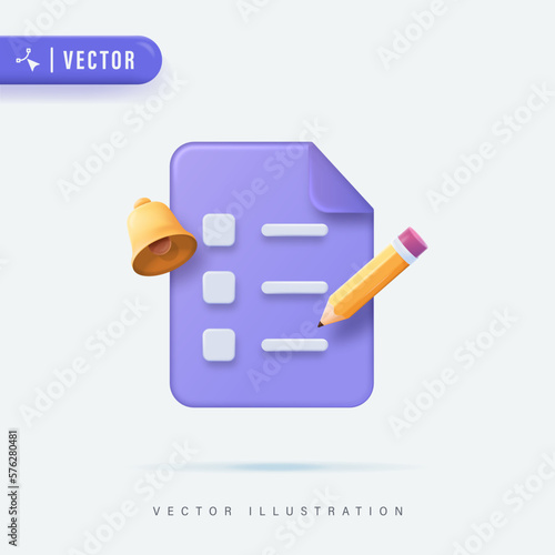 3D Realistic A Sheet of Paper with Pencil and Bell Vector Illustration. Task and Deadline Concept 