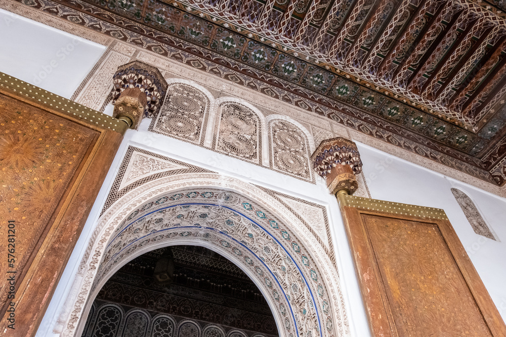 Architecture details of a door and ceiling of a Moroccan house