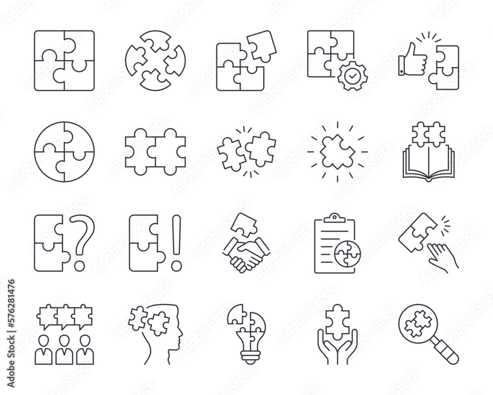 Vector puzzle icons. Editable stroke line icon set. Simple elements teamwork problem solving. Questions and answers decision making planning. Creative idea handshake search whole and particular - obrazy, fototapety, plakaty 