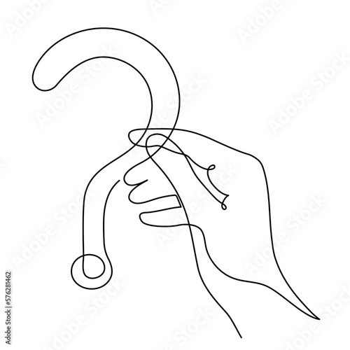 Hand holds question mark one line art, hand drawn asking sign, idea continuous contour. Query FAQ concept, finding answer. Editable stroke. Isolated. Vector illustration