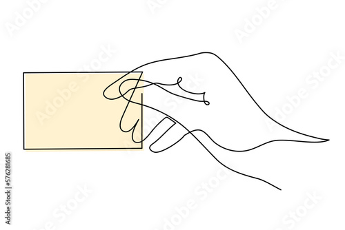 Hand holds credit card, one line art, hand drawn continuous contour.Decoration for business.Minimalist design.Editable stroke. Isolated. Vector illustration