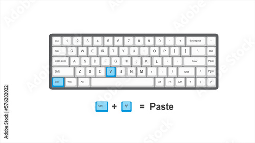 vector control CTRL + V = Paste - keyboard shortcuts to Cut - windows with keyboard white and blue illustration and transparent background isolated Hotkeys