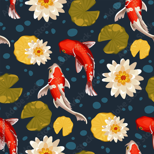 Pattern of orange koi fish, lilies, leaves on a blue background with bubbles. Asian background, background design with abstract  in oriental Japanese style with koi fish. Carp swims in the water