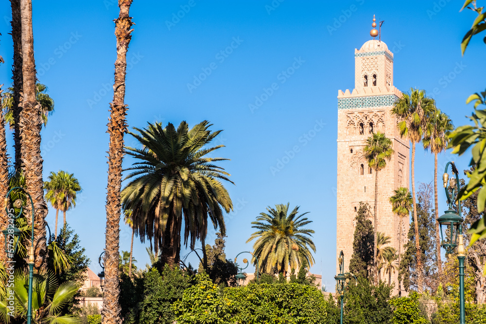 Grand mosque in the middle of a palm garden with clear sky in the background