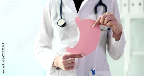 Doctor gastroenterologist holding model of human stomach in hands closeup 4k movie slow motion