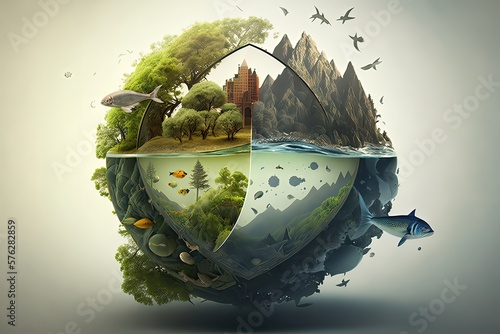 An interesting concept idea of the ecology of the cycles of nature. Untouched nature, green peace, green shades, wild animals, high resolution, art, generative artificial intelligence photo
