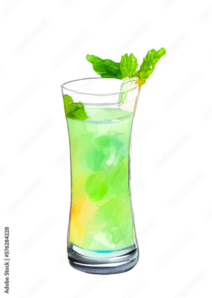Vector green and yellow summer cocktail with lemon in glass painted in watercolor on a white background. Vector green and yellow summer cocktail with lemon in glass painted in watercolor on a white background.
